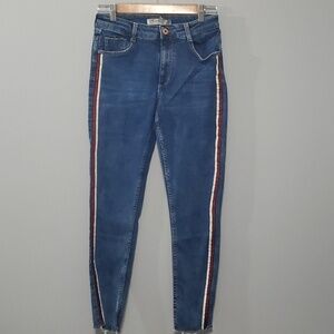 Zara Jeans Womens Size 6 Blue White Glittery Red‎ Side Stripes Raw Cut July 4th